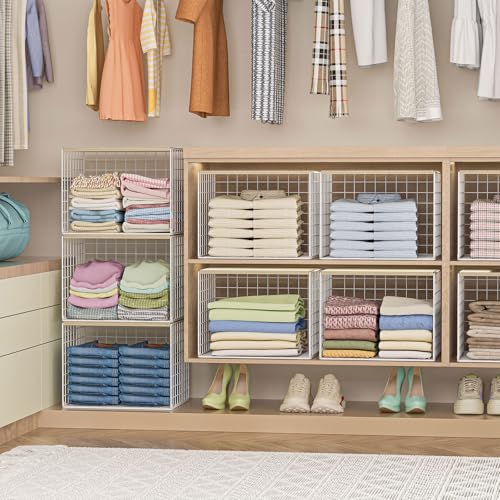 Hencawima Extra-Long Closet Organizers and Storage with Top Board, 3 Pack Stackable Closet Shelf Organizer, Double Storage Design, Clothes Storage Cube/Bin/Basket for Wardrobe, Space-Saving, White,Sturdy,Metal - Image 5