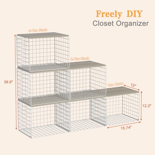 Hencawima Extra-Long Closet Organizers and Storage with Top Board, 3 Pack Stackable Closet Shelf Organizer, Double Storage Design, Clothes Storage Cube/Bin/Basket for Wardrobe, Space-Saving, White,Sturdy,Metal - Image 3