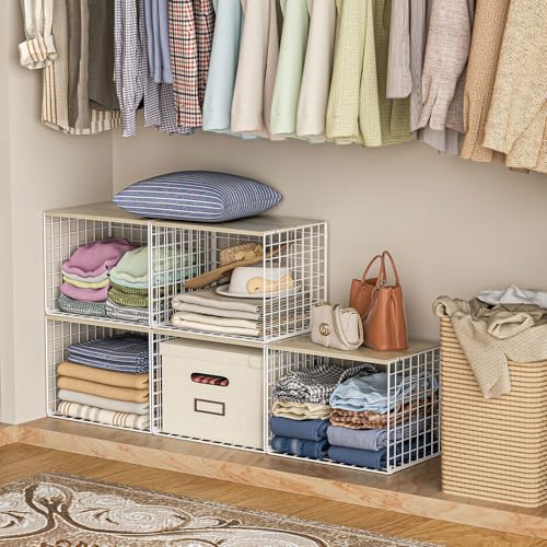 Hencawima Extra-Long Closet Organizers and Storage with Top Board, 3 Pack Stackable Closet Shelf Organizer, Double Storage Design, Clothes Storage Cube/Bin/Basket for Wardrobe, Space-Saving, White,Sturdy,Metal - Image 2
