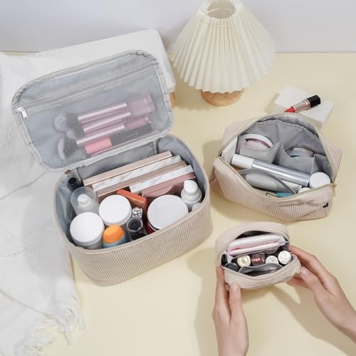 MAGEFY Makeup Bag, 3 Pcs Cosmetics Bag Large Capacity with Handle Make Up Bag for purse Corduroy Bag Pouch for Purse Travel Makeup Organizer -Grey - Image 5