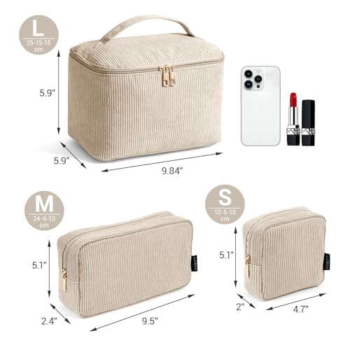 MAGEFY Makeup Bag, 3 Pcs Cosmetics Bag Large Capacity with Handle Make Up Bag for purse Corduroy Bag Pouch for Purse Travel Makeup Organizer -Grey - Image 2