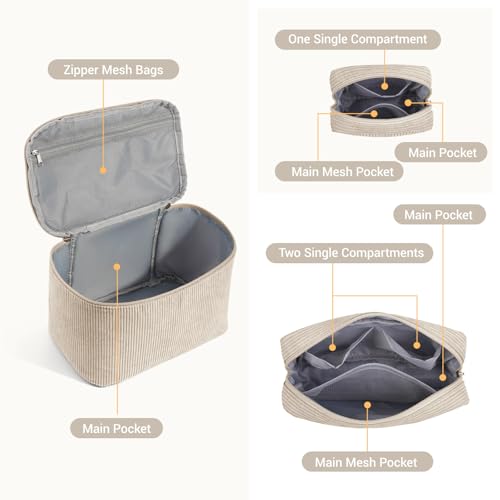 MAGEFY Makeup Bag, 3 Pcs Cosmetics Bag Large Capacity with Handle Make Up Bag for purse Corduroy Bag Pouch for Purse Travel Makeup Organizer -Grey - Image 3