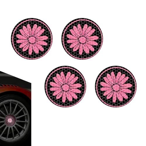 Hugwits 4 PCS Car Wheel Center Cap Stickers Reflective Automotive Hub Daisy Decor Decals SelfAdhesive Durable Car Wheel Styling Stickers Universal for Most Cars Pink - Image 1