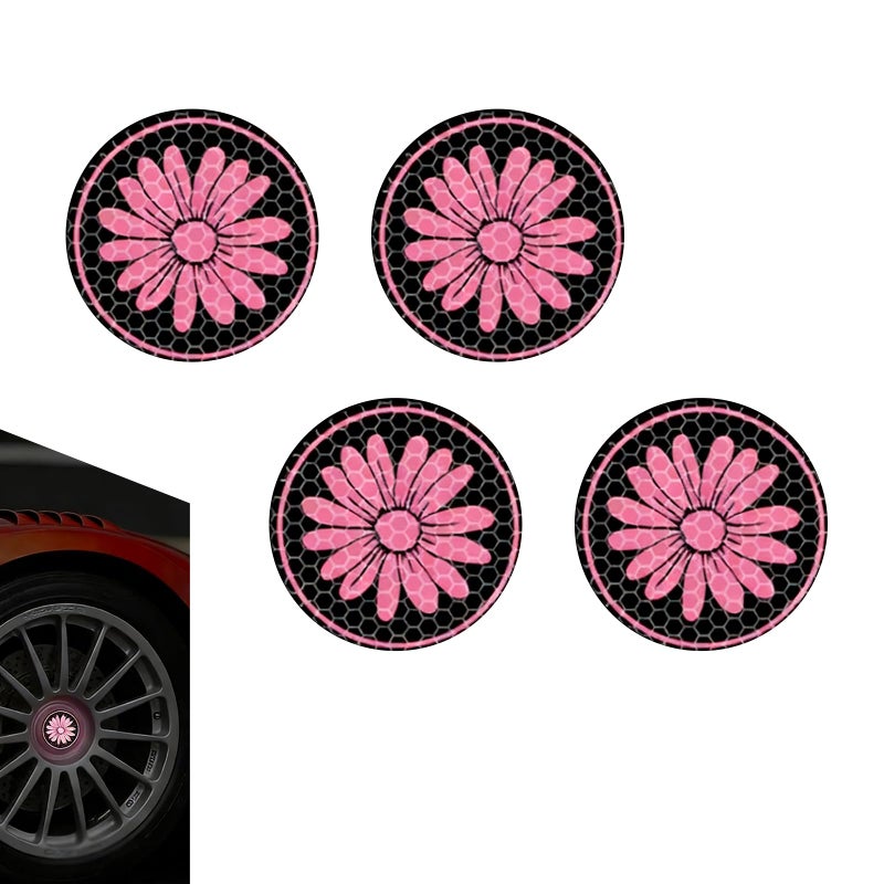 Hugwits 4 PCS Car Wheel Center Cap Stickers Reflective Automotive Hub Daisy Decor Decals SelfAdhesive Durable Car Wheel Styling Stickers Universal for Most Cars Pink - Image 3
