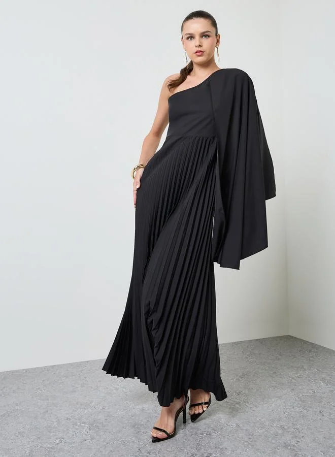 تايك تو Black Solid One-Shoulder Pleated Maxi Dress
