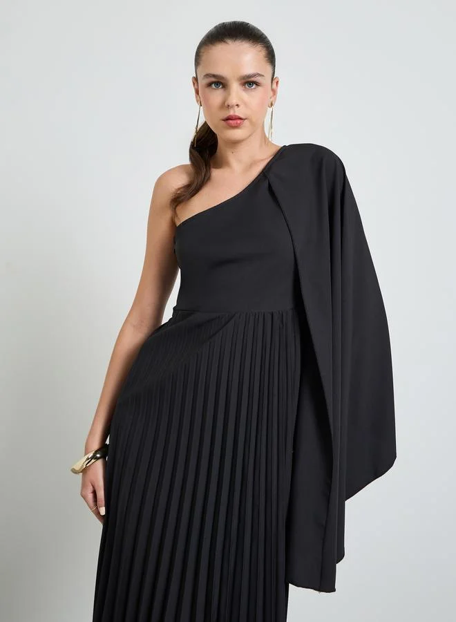 تايك تو Black Solid One-Shoulder Pleated Maxi Dress