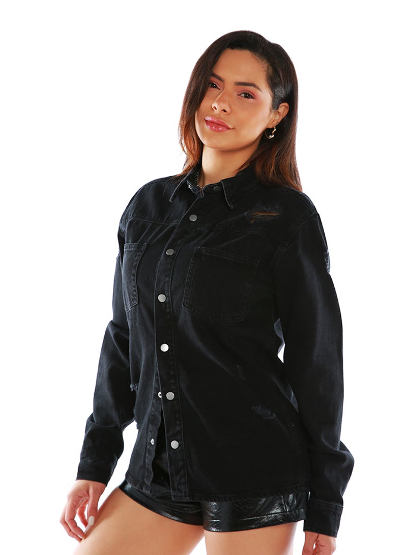 لندن راج سترة جينز ممزقة باللون الأسود - Image 2