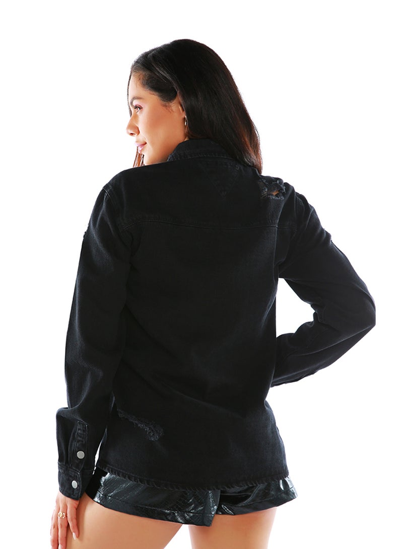 لندن راج سترة جينز ممزقة باللون الأسود - Image 5