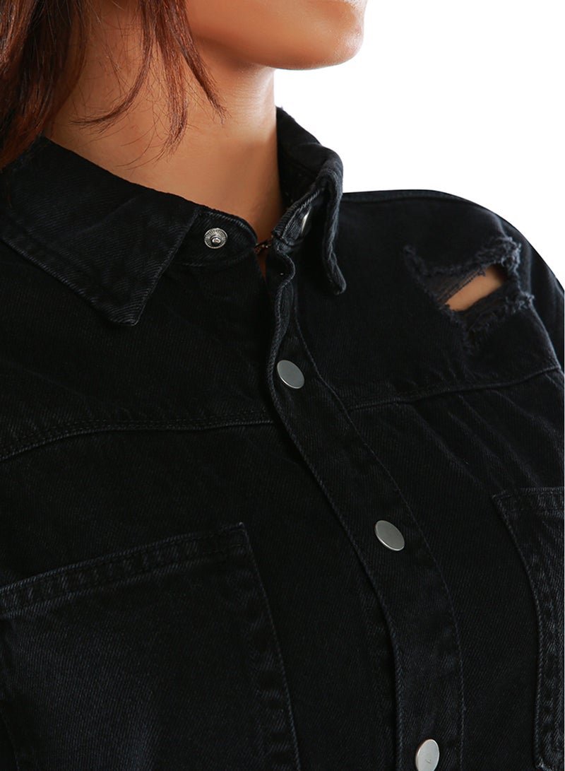 لندن راج سترة جينز ممزقة باللون الأسود - Image 4