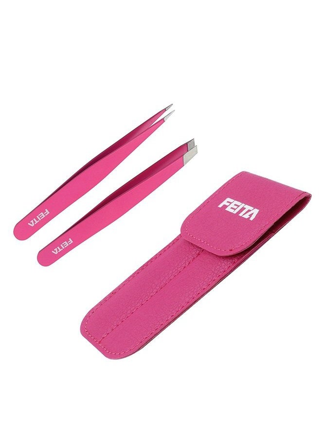 FEITA Precision Tweezers for Eyebrows - FEITA Professional Stainless Steel Slant & Pointed Eyebrow Tweezer Set with Travel Case for Woman Facial Hair Removal Clip (Pink - 2 Pcs) - Image 1