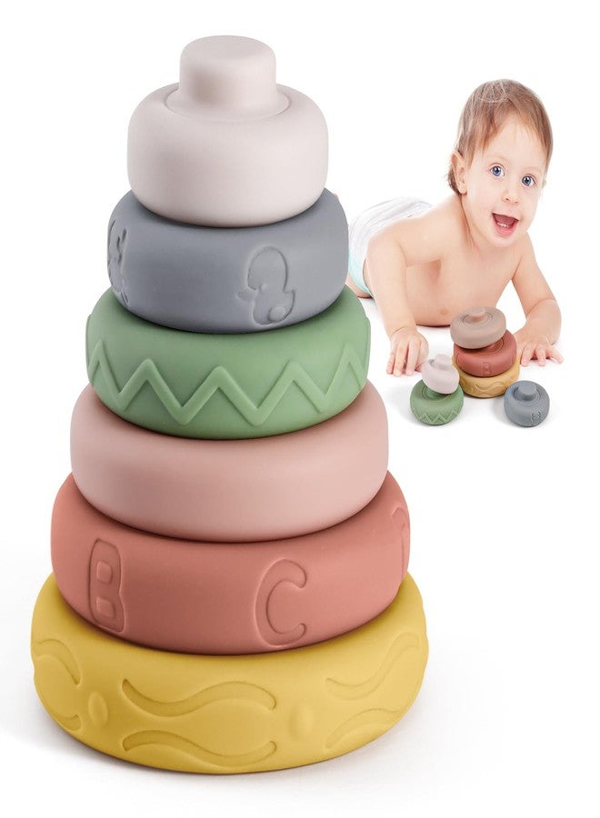 BOBXIN Baby Stacking & Nesting Rings Toy 4.7", 6pcs Soft Silicone Circle Building Stacker,Squeeze Play with Letter,Animal and Graphic,Toddler Sensory Learning Montessori Toys for Babies 6 Months+ - Image 1
