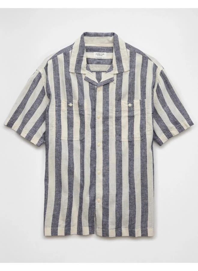 American Eagle AE Linen-Blend Striped Button-Up Poolside Shirt