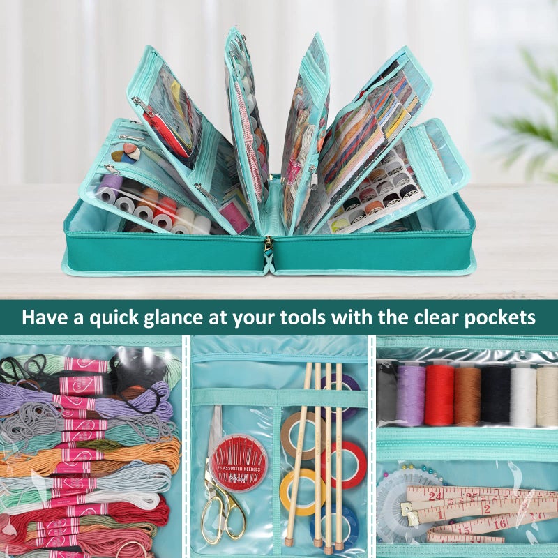 FINPAC Sewing and Craft Supplies Storage Tote, Large Capacity Travel Packing Organizer Bag with Clear Pockets and Handle for Knitting, Crochet, Art, Sewing Accessories (Emerald Illusions) - Image 2