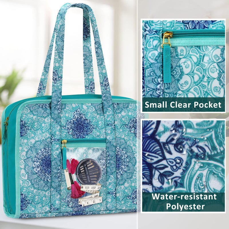 FINPAC Sewing and Craft Supplies Storage Tote, Large Capacity Travel Packing Organizer Bag with Clear Pockets and Handle for Knitting, Crochet, Art, Sewing Accessories (Emerald Illusions) - Image 5