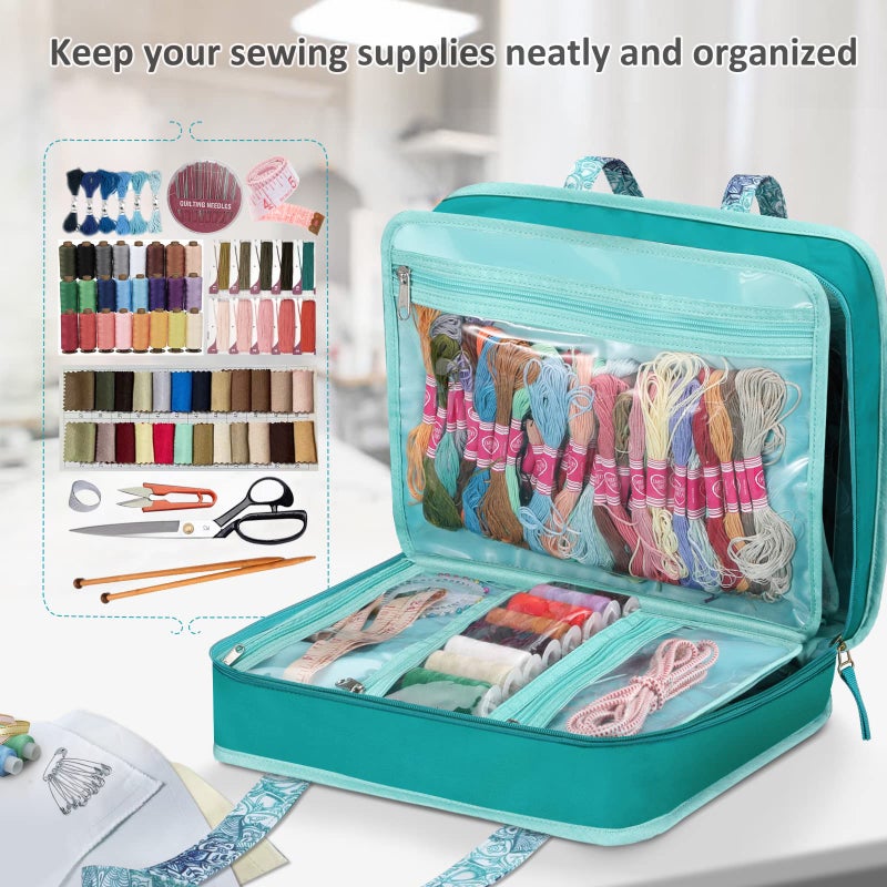 FINPAC Sewing and Craft Supplies Storage Tote, Large Capacity Travel Packing Organizer Bag with Clear Pockets and Handle for Knitting, Crochet, Art, Sewing Accessories (Emerald Illusions) - Image 4