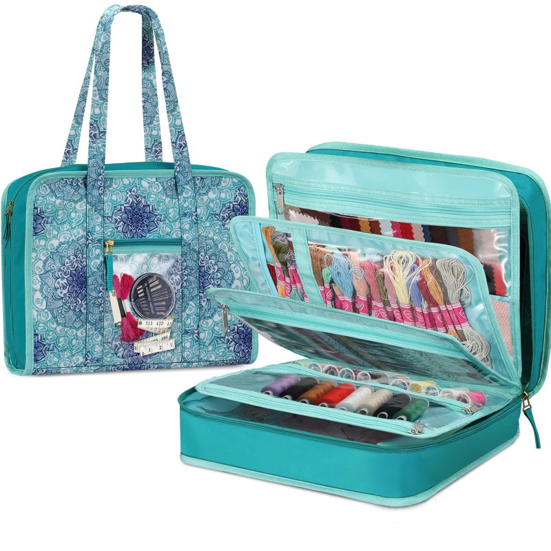 FINPAC Sewing and Craft Supplies Storage Tote, Large Capacity Travel Packing Organizer Bag with Clear Pockets and Handle for Knitting, Crochet, Art, Sewing Accessories (Emerald Illusions) - Image 1