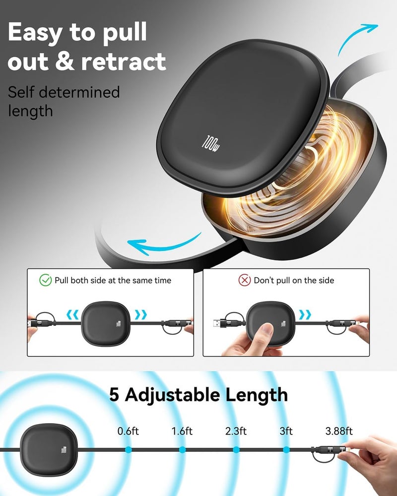 Minlu 5 in1 Retractable USB Type C Cable 100W, 2Pack Multi Charging Cable 5A Fast Charging Cord USBC Cable with USB A+C to L/C Travel Essentials Charger for iPhone Series,Samsung Galaxy,MacBook,iPad(3.86ft) - Image 4