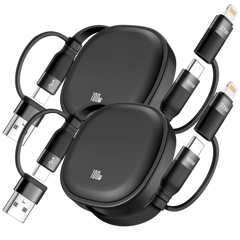 Minlu 5 in1 Retractable USB Type C Cable 100W, 2Pack Multi Charging Cable 5A Fast Charging Cord USBC Cable with USB A+C to L/C Travel Essentials Charger for iPhone Series,Samsung Galaxy,MacBook,iPad(3.86ft) - Image 1
