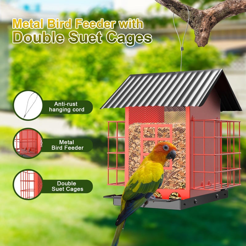 FlowaFoli Bird Feeders for Outdoors Hanging, Metal Bird Feeder with Double Suet Cage Cake, Large Capacity, Birdfeeders Sturdy & Weatherproof, Easy to Clean & Refill, Great for Attracting Wild Birds - Image 2