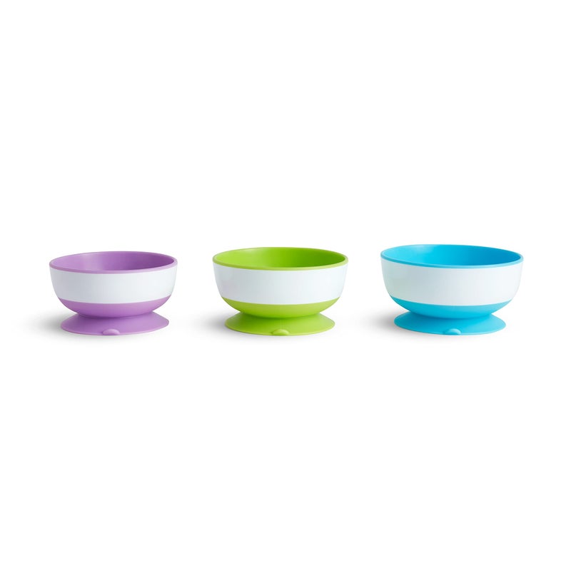 Munchkin Stay Put Suction Bowls for Baby and Toddler, 3 Pack, Blue/Green/Purple - Image 1