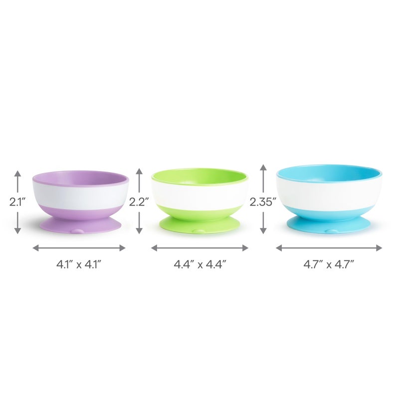 Munchkin Stay Put Suction Bowls for Baby and Toddler, 3 Pack, Blue/Green/Purple - Image 3