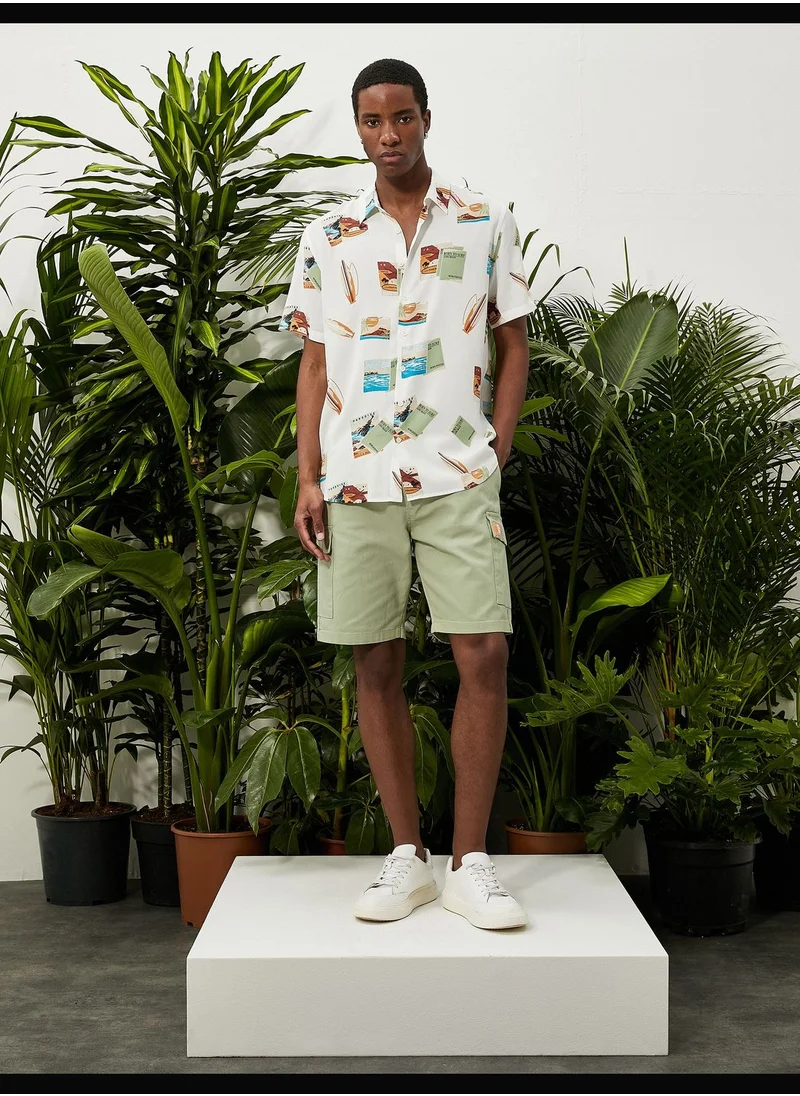 KOTON Short Sleeve Shirt Summer Themed Surf Detailed Classic Neck