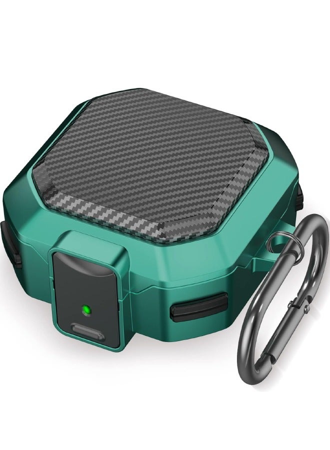 حافظة سامسونج جالاكسي Buds2 Pro/ Buds Pro / Buds Live / Buds 2 مع قفل أمان، غطاء من ألياف الكربون، حافظة واقية شديدة التحمل مقاومة للصدمات مع حلقة تسلق لسماعات سامسونج جالاكسي (أسود/أخضر) - Image 1