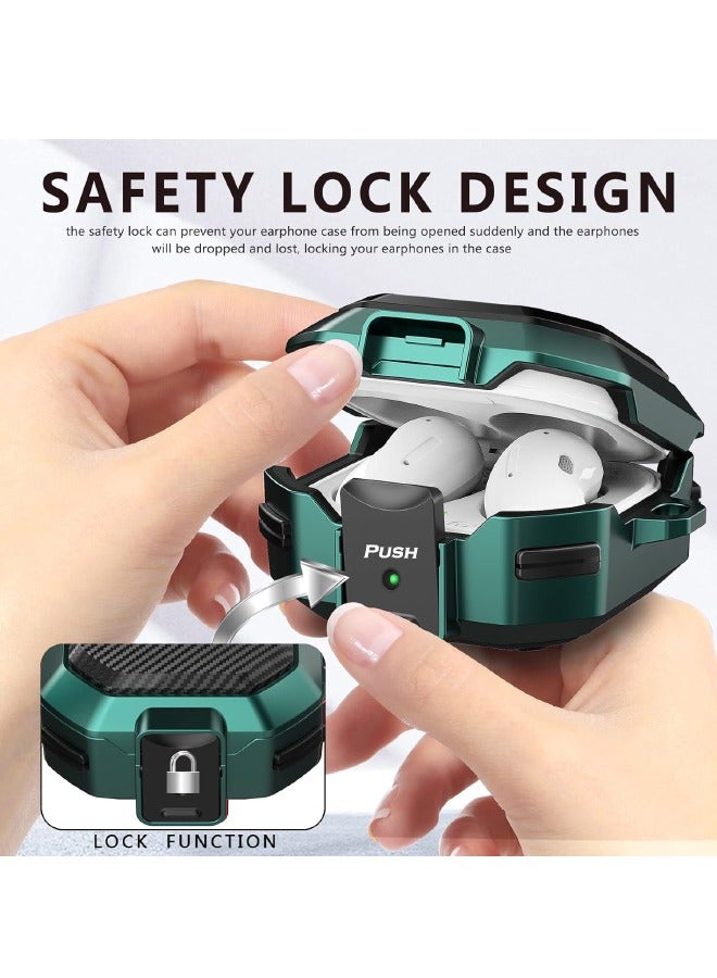 حافظة سامسونج جالاكسي Buds2 Pro/ Buds Pro / Buds Live / Buds 2 مع قفل أمان، غطاء من ألياف الكربون، حافظة واقية شديدة التحمل مقاومة للصدمات مع حلقة تسلق لسماعات سامسونج جالاكسي (أسود/أخضر) - Image 3