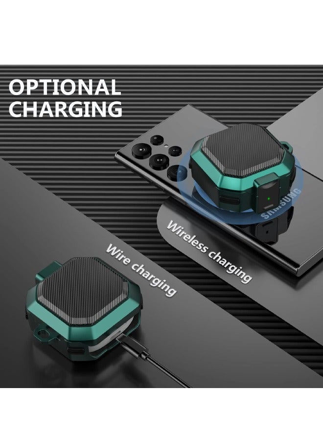 حافظة سامسونج جالاكسي Buds2 Pro/ Buds Pro / Buds Live / Buds 2 مع قفل أمان، غطاء من ألياف الكربون، حافظة واقية شديدة التحمل مقاومة للصدمات مع حلقة تسلق لسماعات سامسونج جالاكسي (أسود/أخضر) - Image 4