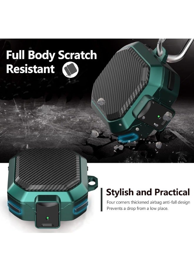 حافظة سامسونج جالاكسي Buds2 Pro/ Buds Pro / Buds Live / Buds 2 مع قفل أمان، غطاء من ألياف الكربون، حافظة واقية شديدة التحمل مقاومة للصدمات مع حلقة تسلق لسماعات سامسونج جالاكسي (أسود/أخضر) - Image 5