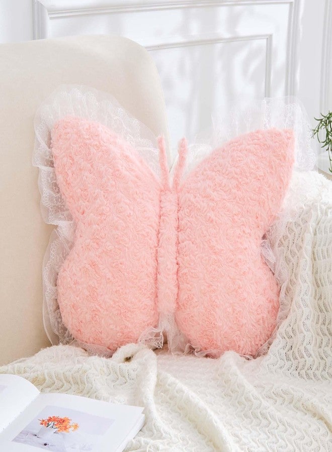 XVTRU Butterfly Pillow Pink Decorative Pillows 15" Butterfly Shaped Cute Throw Pillows with Lace Aesthetic Bow Plush Cushion for Room Decor Bed Sofa Couch - Image 1