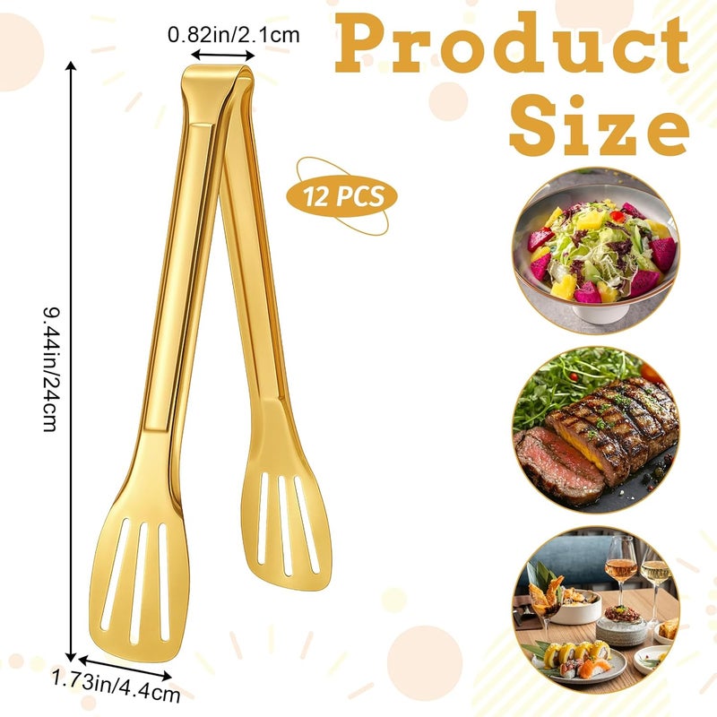 COMNICO 12 Pcs Gold Serving Tongs, Metal Buffet Tong Stainless Steel 9 Inch Utensils Small Tongs for Party Serving Appetizers Salad Steak Snack - Image 2