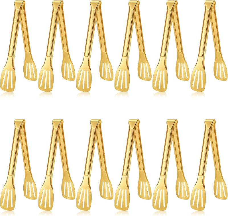 COMNICO 12 Pcs Gold Serving Tongs, Metal Buffet Tong Stainless Steel 9 Inch Utensils Small Tongs for Party Serving Appetizers Salad Steak Snack - Image 1