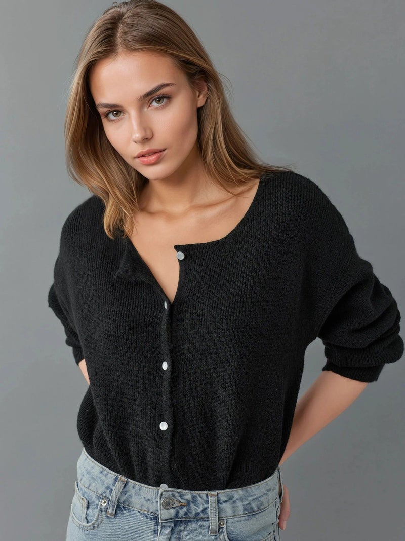 HICCUP Ultra Soft Crew Neck Buttoned Dual-use Cardigan - Image 2
