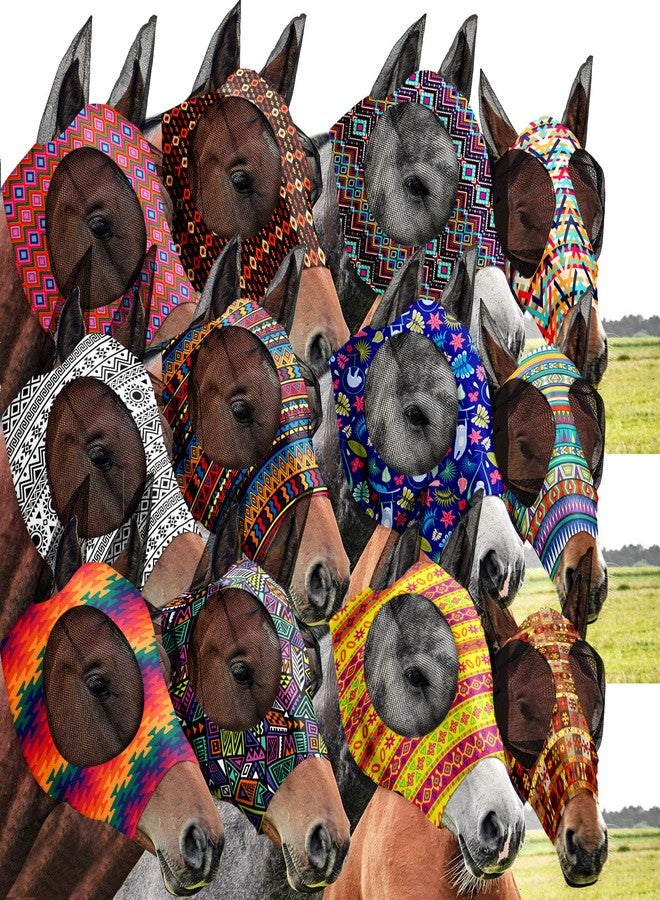Qualirey 12 Pieces Horse Fly Mask Bulk Comfortable Elasticity Mask for Horses with Ears Net UV Protection Breathable Face Covering for Pony and Foal(Large,Geometric Patterns) - Image 1