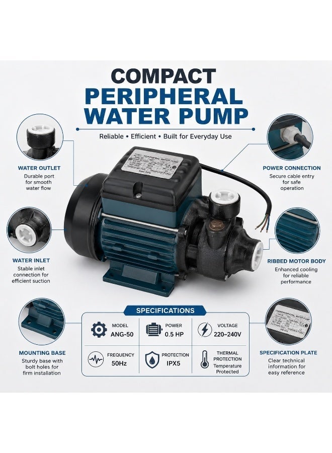إينجل مضخة مياه محيطية Angel 0.5HP 370 وات، مضخة مياه كهربائية أحادية الطور فائقة الصمت، معدل تدفق 40 لتر/دقيقة، رأس 35 مترًا، رفع شفط 9 أمتار، 220-240 فولت، 50 هرتز، مضخة نقل المياه المحلية IPX5 بدون صندوق خارجي - Image 3