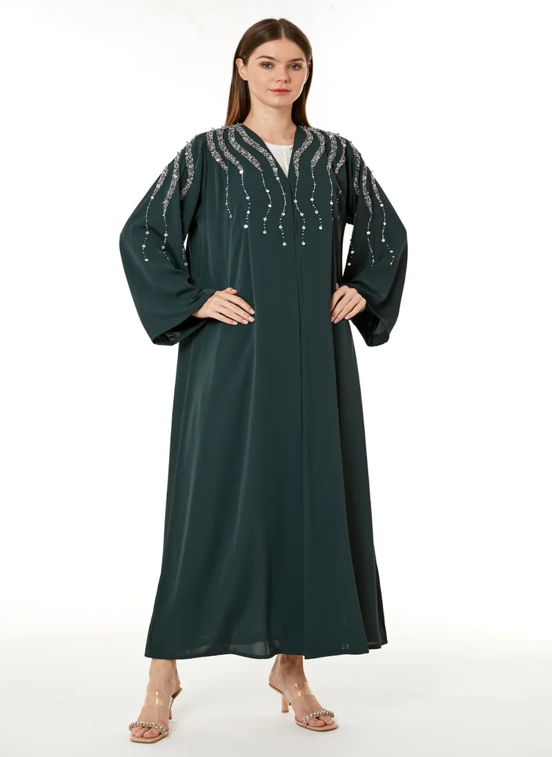 Moistreet  Dark Green Korean Nida Hand Embellished Abaya for Women | Best Price UAE