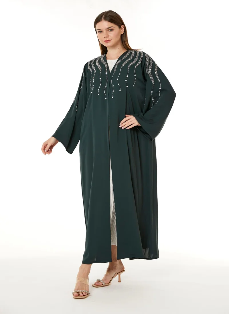 Moistreet  Dark Green Korean Nida Hand Embellished Abaya for Women | Best Price UAE