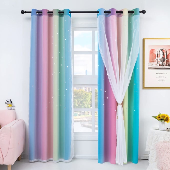2 PANELS GIRLS STARS RAINBOW CURTAINS W52XL84 INCHES FOR BEDROOM KIDS BLACKOUT CURTAINS COLORFUL OMBRE NURSERY CURTAINS WITH SHEER PRINCESS CUTOUT CURTAINS FOR BEDROOM LIVING ROOM YELLOW PINK