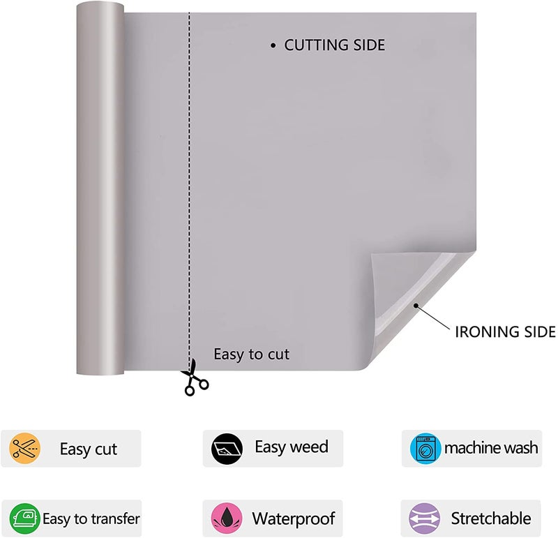 HTVVETUR HTV Iron on Vinyl 12Inch by 25ft Roll HTV Heat Transfer Vinyl for T-Shirt HTV Vinyl Rolls for All Cutter Machine - Easy to Cut & Weed for Heat Vinyl Design (Gray, 12ft) - Image 2