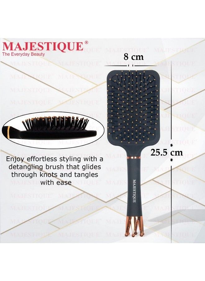 MAJESTIQUE Paddle Brush With A Large Cushion Smoothing Detangling Brush For Long Thick Hair Flat Hair Brush Exclusive Crown Handle Both Wet & Dry Black Matte  - Image 5