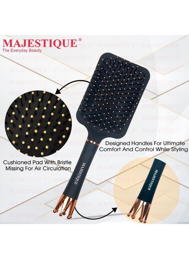 MAJESTIQUE Paddle Brush With A Large Cushion Smoothing Detangling Brush For Long Thick Hair Flat Hair Brush Exclusive Crown Handle Both Wet & Dry Black Matte  - Image 3
