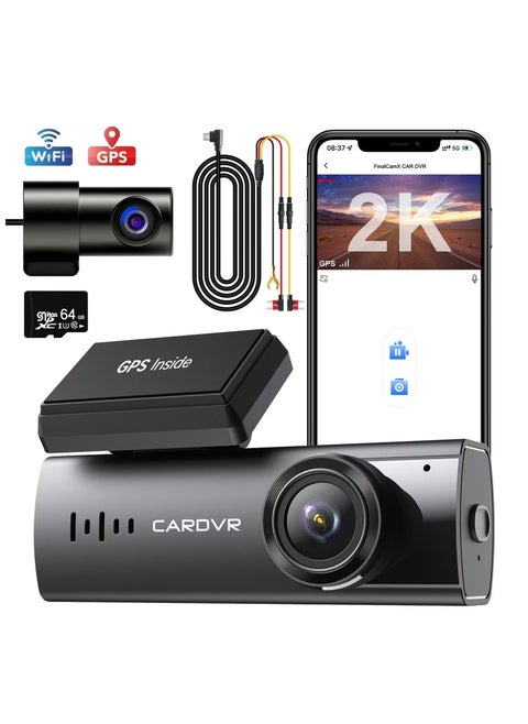 Dual Dash Cam Built-in GPS, 2K Front+1080P Rear Camera for Cars, Wi-Fi & App Control, 64G SD Card, Mini Dashcams with Hd Night Vision/24H Parking Mode/G-Sensor/ Loop Recording/WDR/170° Wide Angle