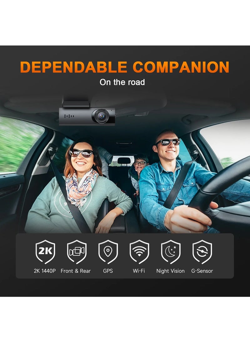 LAESO - Dual Dash Cam Built-in GPS, 2K Front+1080P Rear Camera for Cars, Wi-Fi & App Control, 64G SD Card, Mini Dashcams with Hd Night Vision/24H Parking Mode/G-Sensor/ Loop Recording/WDR/170° Wide Angle - Image 1