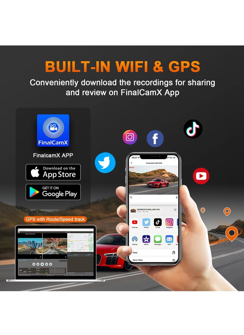 LAESO - Dual Dash Cam Built-in GPS, 2K Front+1080P Rear Camera for Cars, Wi-Fi & App Control, 64G SD Card, Mini Dashcams with Hd Night Vision/24H Parking Mode/G-Sensor/ Loop Recording/WDR/170° Wide Angle - Image 1