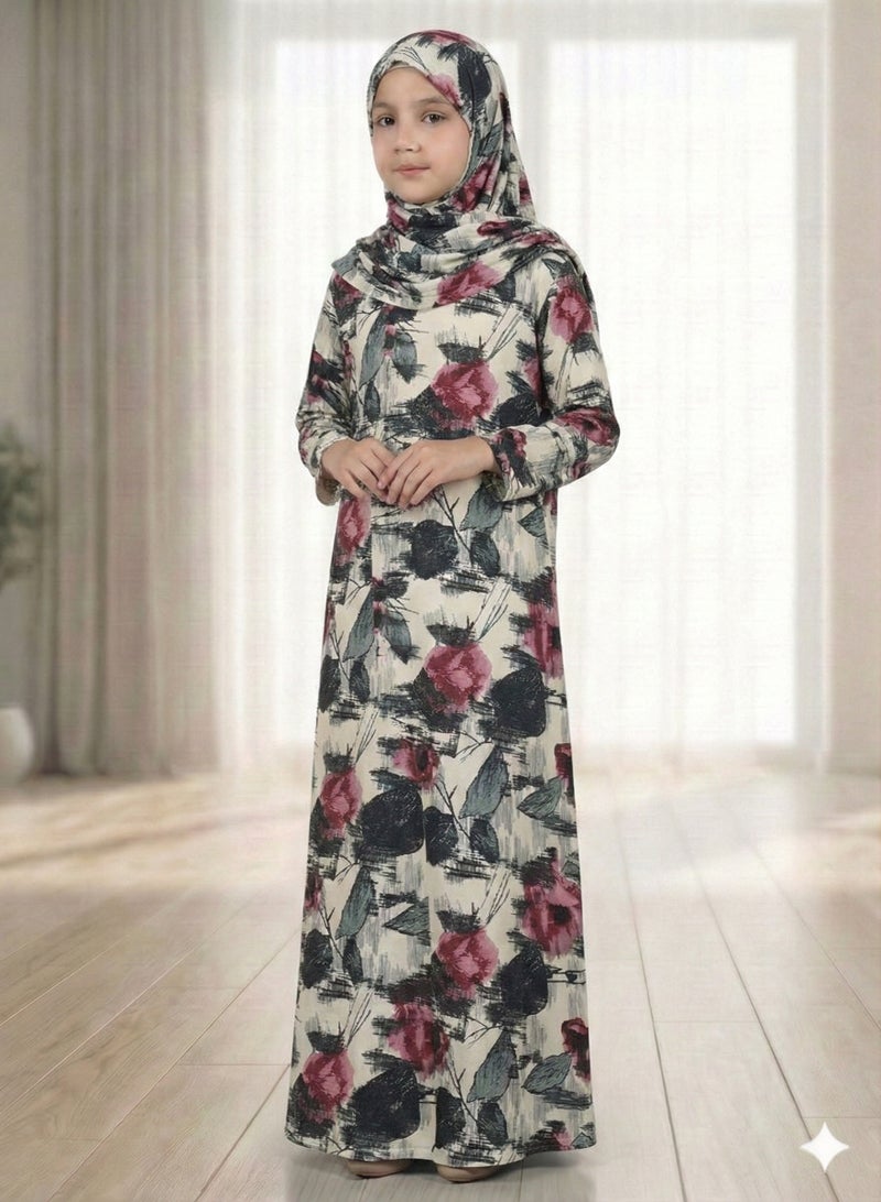 إسدال صلاة اطفال بناتى إسدال قماش مكون من قطعتين ناعم ومريح، سهل الارتداء، مقاس 12 أطفال - Image 1