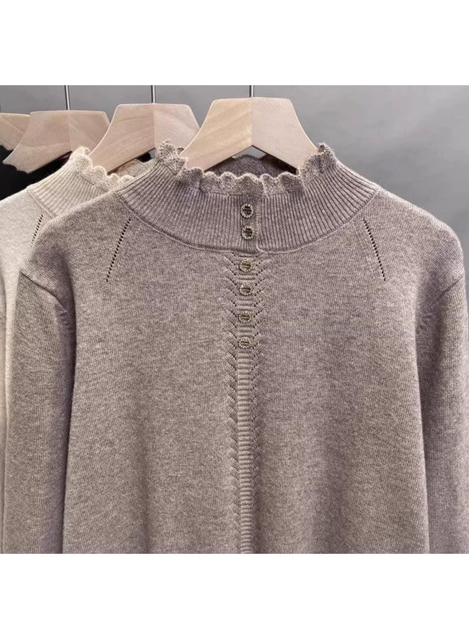 Modal Semi-High Collar With Scalloped Edge And Metal Button Long Sleeve Knitted Sweater For Women, Autumn And Winter Pullover Base Layer, Elegant And Stylish Top - Image 3