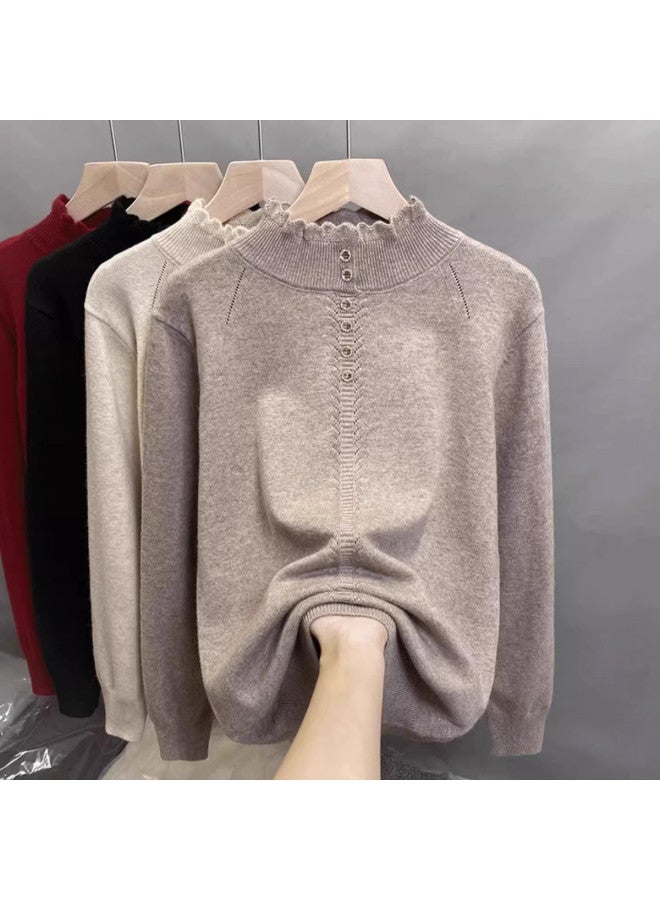 Modal Semi-High Collar With Scalloped Edge And Metal Button Long Sleeve Knitted Sweater For Women, Autumn And Winter Pullover Base Layer, Elegant And Stylish Top - Image 2