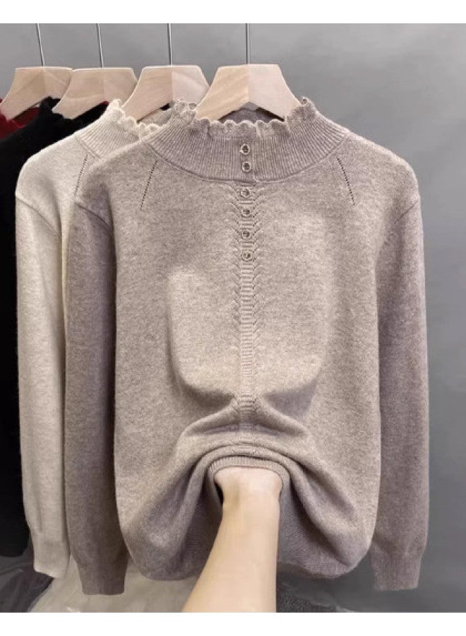 Modal Semi-High Collar With Scalloped Edge And Metal Button Long Sleeve Knitted Sweater For Women, Autumn And Winter Pullover Base Layer, Elegant And Stylish Top - Image 1