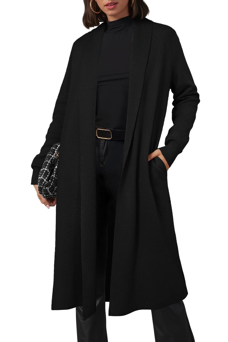 OUGES Women's Long Cardigan Wool Blend Oversized Sweaters Knit Open Front Business Casual Fall Outfits for 2026 Trendy Winter Coatigan Lightweight Coats Jacket Wear to Work with Pocket(Black,XL) - Image 1